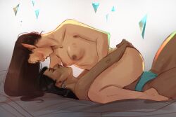 2girls bellara_lutare black_hair brown_hair casual_nudity cuddling dragon_age dragon_age_the_veilguard earings kissing neve_gallus pointy_ears sangoundercover sitting tan_skin