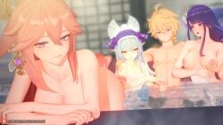 1boy 1boy3girls 3d_(artwork) 3girls aether_(genshin_impact) bathhouse blonde_hair blush breasts genshin_impact koikatsu penis pink_hair purple_eyes purple_hair raiden_ei raiden_shogun relaxing tagme tits towel towel_over_breasts yae_miko yellow_eyes yohika_itochi yokai yumemizuki_mizuki