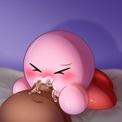 2023 bedroom blowjob blue_eyes blush blush_lines chibi closed_eyes cum cum_overflow cum_overflowing cumming_in_mouth erection kirby kirby_(series) licking nintendo nixkirb18 penis pink semen