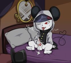 1male animal_genitalia anthro balls bed bottomless cum cumming ejaculation furry heart-shaped_tail knot knotted_penis male masturbation mouse neyfufu oboe_sonata on open_mouth partially_clothed solo solo_male tongue_out towelket_one_more_time