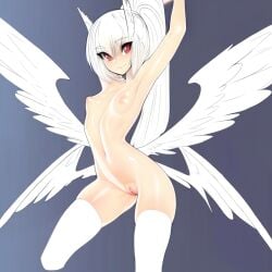 4_wings ai_generated arched_back arms_above_head breasts clitoris completely_nude feathered_wings female high_ponytail hip_wings innie_pussy linea_alba long_hair navel petite pussy red_eyes simple_background small_breasts solo standing straight_hair thighhighs three-quarter_portrait uncensored white_hair zorkpics