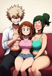 ai_generated artist_name artist_request blonde_hair blonde_hair blonde_hair_male blonde_male brown_eyes brown_hair clothed clothed_female clothed_male clothing green_eyes green_hair green_hair_female inko_midoriya katsuki_bakugou middle_finger muscular muscular_male my_hero_academia ochako_uraraka