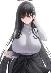 black_hair black_halo blue_archive breasts bright_pupils female hair_ornament hairclip hairpin halo highres holding holding_tablet_pc large_breasts long_hair long_sleeves looking_at_viewer red_eyes ribbed_sweater rio_(blue_archive) simple_background solo suigetu26 sweater tablet_pc turtleneck turtleneck_sweater very_long_hair white_pupils white_sweater