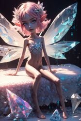 ai_generated bikini blonde_hair bottomless crystal elf_ears fairy fairy_wings female hip_bones leaf_wings legs_apart navel pointy_ears ribs sitting skinny solo wings