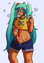 1up_whore aqua_hair brazil brazilian_female brazilian_flag brazilian_miku breasts dark_skin futa_only futanari hatsune_miku miraigummies tan vein veiny_penis