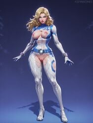 1girl ai_generated belt blonde_hair blue_eyes bodysuit breasts breasts_outside female full_body gloves invisible_woman invisible_woman_(marvel_rivals) jewelry large_breasts long_hair looking_at_viewer marvel marvel_rivals nipples pussy shiny skin_tight smile solo standing sue_richards sue_storm torn_bodysuit torn_clothes uncensored xsfmworks