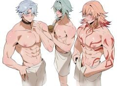 3boys abs anaxa_(honkai:_star_rail) biceps blush blush choker eyepatch gold_earrings honkai:_star_rail honkai_(series) large_pectorals looking_at_viewer multiple_boys muscles muscular_male mydei_(honkai:_star_rail) phainon_(honkai:_star_rail) steam white_background yoma_0_0