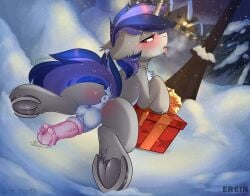 alternate_character, alternate_version, anus, blushing, box, butt, christmas, christmas_tree, collaboration, erein erein_(artist) erein_artist female, floor, friendship_is_magic garland, genitals, holiday, horn, houses, indoors, looking_back, male, mlp_g4 my_little_pony new_year, nudity, oc, penis, perspective, plot, pony pony, present, result sitting, stallion, tongue_out, tree, underhoof, unicorn, winter, ych yuris_(artist)