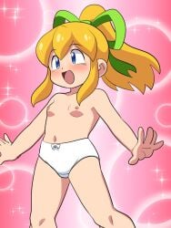 arms_up blonde_hair blue_eyes blush bow bow_panties green_ribbons hair_between_eyes hair_ribbon henshin henshin_pose highres hyper_roll_(marvel_vs._capcom) long_hair magical_girl marvel_vs._capcom mega_man_(classic) mega_man_(series) nude panties pink_background ponytail ribbon robot_girl roll_(mega_man) sidelocks smile sparkle sparks transformation underwear white_panties yume_yoroi