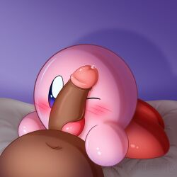 2023 bedroom blowjob blue_eyes blush blush_lines chibi erection kirby kirby_(series) licking nintendo nixkirb18 penis pink precum