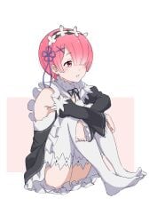 bare_shoulders blush breasts detached_sleeves feet hair_ornament hair_over_one_eye hugging_own_legs knees_up maid maid_apron maid_headdress nishizuki_shino parted_lips pink_hair ram_(re:zero) re:zero_kara_hajimeru_isekai_seikatsu red_eyes short_hair small_breasts thighhighs thighs toes white_thighhighs