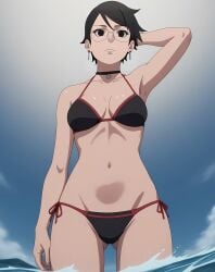 1girls ai_generated beach bikini boruto:_two_blue_vortex female_only glasses naruto naruto_(series) sarada_uchiha short_hair teenage_girl teenager