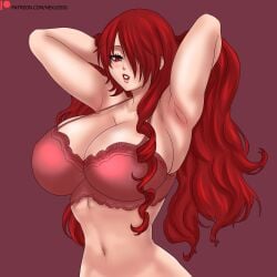 armpits arms_behind_head arms_up big_breasts hair_over_one_eye lingerie mitsuru_kirijo nexus-sig persona persona_3 red_eyes red_hair red_lipstick