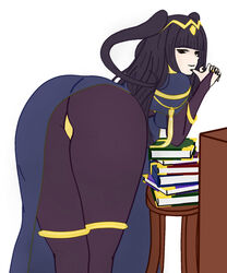 1girls alternate_version_available ass bangs bent_over black_hair black_nails bodystocking book book_stack breasts brown_eyes clothed clothing female female_only fire_emblem fire_emblem_awakening kraha large_ass long_hair looking_at_viewer looking_back nail_polish nintendo sideboob smile solo tharja_(fire_emblem)