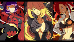 3girls belly bikini_top black_jacket blonde_hair bodysuit breasts candela_(pokémon) courtney_(pokemon) cynthia_(pokemon) female female_only fingerless_gloves fire flannery_(pokemon) gloves gym_leader hair_over_one_eye leather_jacket multiple_girls open_clothes open_jacket open_shirt pokemon pokemon_champion pokemon_dppt pokemon_oras pokemon_rse purple_eyes purple_hair red_eyes red_hair tagme team_magma vivivoovoo white_jacket yellow_eyes yellow_hair