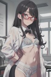 ai_generated blush bowtie dark_hair embarrassed female glasses lab_coat lingerie long_hair looking_at_viewer perfect_body shy small_breasts stable_diffusion toned_female