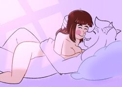 animal_humanoid anthro asriel_dreemurr bed bent_legs boss_monster_(undertale) bovid bovid_humanoid breasts breasts_on_chest brown_hair caprine caprine_humanoid chara_(undertale) closed_eyes covered_breasts cuddling digital_media_(artwork) duo fangs female floppy_ears fur furniture goat goat_humanoid hair hands_on_torso head_on_head hi_res horn hug human humanoid larger_male laying_on_partner long_ears male male/female mammal mammal_humanoid nude on_bed on_top pillow rainy_(artist) rainy_morning romantic romantic_ambiance romantic_couple simple_background size_difference smaller_female smile teeth torso_grab undertale undertale_(series) white_body white_fur window