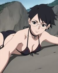 1girls ai_generated beach bikini boruto:_two_blue_vortex female_only glasses naruto naruto_(series) sarada_uchiha short_hair teenage_girl teenager