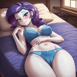 1girls ai_generated bedroom bedroom_eyes big_breasts blue_bra blue_panties blue_underwear blush bra breasts cameltoe cleavage equestria_girls female female_only friendship_is_magic hasbro looking_at_viewer my_little_pony navel on_back on_bed panties pillow pony_diffusion_6 pony_diffusion_xl rarity_(eg) rarity_(mlp) smile smiling smiling_at_viewer solo solo_female stable_diffusion thick_thighs thighs underwear wide_hips