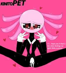 axolotl axolotl_humanoid black_body blush blush cum_dripping_from_pussy cum_in_pussy gills heart heart-shaped_pupils hearts_around_body hearts_around_head kinito kinitopet legs_spread logo nipples no_clothes pink_background pink_head pink_tie pov shaking sweat sweating sweaty_body tears tears_in_eyes tears_of_pleasure text tiny_tits white_gloves