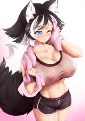 2020s 2021 animal_ear_fluff animal_ears bangs black_hair black_shorts blush breasts cat_ears cat_girl cat_tail cleavage collarbone commentary cowboy_shot dolphin_shorts female gradient gradient_background groin highres kat_(mazume) large_breasts mazume midriff mismatched_eyebrows multicolored_hair nipples no_bra one_eye_closed original parted_lips pink_background see-through see-through_bra shirt shorts simple_background solo solo_female streaked_hair sweat tail tomboy towel towel_around_neck two-tone_hair two_tone_bottomwear two_tone_bottomwear_(blackandpink) wet wet_clothes wet_shirt white_background white_hair