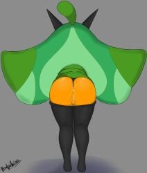 absurd_res anus ass big_butt black_clothing black_horn black_legwear black_tights bodily_fluids clothing cum cum_in_ass cum_inside female generation_9_pokemon genital_fluids genitals green_body grey_background hi_res horn horned_humanoid humanoid legendary_pokemon legwear mythrasboobhead nintendo ogerpon orange_body pokemon pokemon_(species) pussy rear_view simple_background solo thick_thighs tights tights_down wide_hips