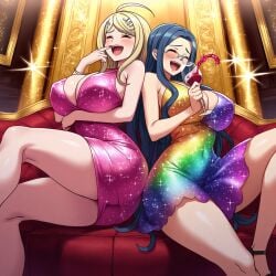 2girls ai_generated akamatsu_kaede cow-ede_akamatsu danganronpa dress huge_breasts rainbow_print shirogane_tsumugi tagme thick_thighs wide_hips