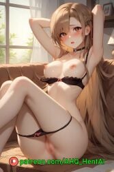 1girls ahq_hentai ai_generated black_stockings black_underwear blush bra brown_eyes brown_hair female medium_breasts panties patreon perfect_body pussy stable_diffusion standing stockings sword_art_online underwear wardrobe_malfunction yuuki_asuna