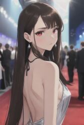 ai_generated bare_back bare_shoulders braless brown_hair brown_hair earrings elegant female looking_at_viewer looking_over_shoulder red_eyes slight_blush small_breasts stable_diffusion