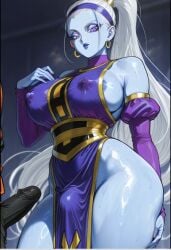 1girls ai_generated alternate_breast_size angel_(dragon_ball) arm_sleeves ass bare_ass bare_legs bare_shoulders blue_eyes blue_lips blue_skin busty clothed_female clothes clothing dragon_ball dragon_ball_super erect_nipples erection_under_clothes eyelashes eyeliner female female_focus female_only gloves hair_ornament hairband hand_on_ass hand_on_breast large_ass large_breasts looking_at_viewer looking_down nipple_bulge ponytail purple_eyes purple_lips revealing_clothes shiny shiny_skin side_slit sideboob thick_thighs thighs tied_hair universe_6 universe_6/universe_7 vados voluptuous white_hair wide_hips