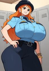 ai_generated annoyed cop gigantic_breasts huge_breasts lubbasdump nami nami_(one_piece) one_piece orange_hair police_uniform slacks thick_thighs widescreen