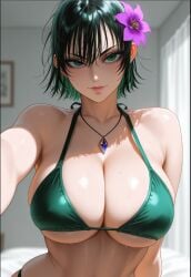 1girls ai_generated bikini_top black_hair breasts cleavage female female_only fubuki_(one-punch_man) green_eyes hair_flower large_breasts one-punch_man pendant pointy_chin saitama selfie short_hair solo underboob