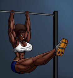 abs african african_female afro big_breasts big_lips dakota_(tomkat96) forearms gym gym_clothes large_breasts muscular muscular_arms muscular_female quads short_shorts sports_bra stretching thick_thighs tomkat96 working_out