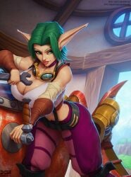 barretxiii beauty_mark breasts cleavage elf_ears female garage goggles goggles_around_neck green_eyes green_hair huge_breasts jak_and_daxter keira_hagai large_breasts lipstick mechanic puffy_pants thick_thighs wrench