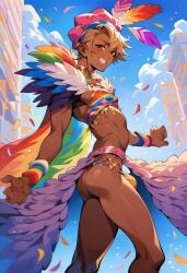 1femboy ai_generated carnival carnival_outfit dark-skinned_femboy dark_skin femboy jokerofhearts pride_color_clothing pride_colors solo