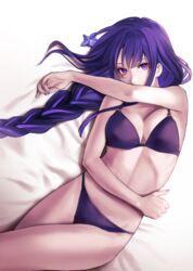 1girls applekun bed_sheet bikini bra cleavage female genshin_impact highres large_breasts light-skinned_female low_ponytail mole mole_under_eye nail_polish on_back on_bed panties ponytail purple_eyes purple_hair raiden_shogun single_braid solo thighs underwear