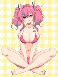 :q absurdres azur_lane bare_shoulders barefoot between_legs bikini breasts bremerton_(azur_lane) cleavage closed_mouth collarbone crossed_bangs female grey_hair hair_between_eyes hair_intakes hair_ornament hand_between_legs head_tilt heart highres indian_style kuro_hopper large_breasts long_hair looking_at_viewer mole mole_on_breast mole_under_eye multicolored_hair navel pink_bikini pink_eyes pink_hair plaid_background sidelocks sitting smile solo stomach streaked_hair swimsuit tongue tongue_out twintails two-tone_hair yellow_background