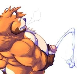 anthro ass bear beard belly big_butt big_nipples bodily_fluids brown_body brown_fur chibear chibsarts claws cum cumshot ejaculation facial_hair finger_claws foreskin fur genital_fluids genitals gloves_(marking) male mammal markings masturbation moobs nipples orange_body orange_fur penis retracted_foreskin solo standing tan_body tan_fur tongue tongue_out