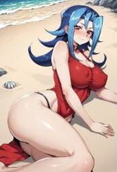 ai_generated ass beach_background blue_hair duelistmuser erect_nipples female female hi_res huge_breasts kamishiro_rio long_hair lying mature pose red_eyes rio_kamishiro seductive seductive_look solo thighs underwear yu-gi-oh! yu-gi-oh!_zexal