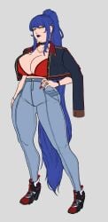 ass blue_hair bra clothed clothing ear_ring huge_ass huge_breasts jacket jeans large_breasts long_hair mirian_(yami_akane) necklace small_waist solo thick_ass thick_hips thick_thighs tight_clothing yami_akane_(artist) yellow_eyes