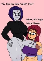 1futa 1girls abs big_breasts big_penis dc dc_comics english_text futa_on_female futanari green_eyes grey_body huge_penis light-skinned_female looking_at_penis nipples_visible_through_clothing penis_awe penis_on_breast purple_eyes purple_hair raven_(dc) red_hair self_upload starfire teen_titans yaboitoxicfrank