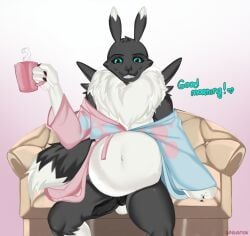 anthro bandai_namco belly big_belly black_body blue_eyes clothing container cup digimon digimon_(species) fluffy genitals good_morning hi_res male neck_tuft nintendo organs penis pokemon pregnant pregnant_anthro pregnant_male renamon robe smile solo stomach tuft warhamon