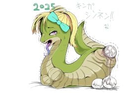 4:3 animal_genitalia breasts busty_feral chinese_zodiac cloaca egg featureless_breasts female feral feral_with_hair forked_tongue genitals hair hi_res holidays new_year new_year_2025 nosen oviposition reptile scalie snake solo tongue year_of_the_snake