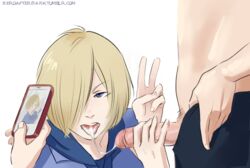 2boys after_fellatio blonde_hair cum hair_over_one_eye imzero oral penis sex sketch smartphone taking_picture tongue_out v yaoi yuri!!!_on_ice yuri_plisetsky