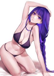 1girls applekun armpits bare_arms bed bed_sheet bikini bra braid cleavage erect_nipples female genshin_impact halterneck kneeling large_breasts light-skinned_female looking_at_viewer low_ponytail nipple_bulge on_bed panties ponytail purple_eyes purple_hair raiden_shogun single_braid solo stomach string_bikini thighs underwear