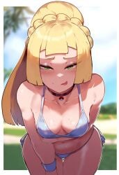 ai_generated alternate_hairstyle beach beach_background choker green_eyes lillie_(pokemon) pokeball pokemon pokemon_sm smug_face thigh_gap tongue_out white_bikini white_bikini_bottom white_bikini_top