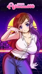 ass big_breasts blue_jeans breasts brown_hair coquette drawingarts_o embarrassed happy innocent jeans looking_at_viewer looking_back pose purple_eyes red_cheeks smug una_alienada white_skin white_skirt youtube youtuber_girl