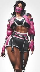 3d abs big_breasts black_hair female_only grvty3d masked_female mileena monster_girl mortal_kombat mortal_kombat_1_(2023) muscular_female pink_clothing thighhighs