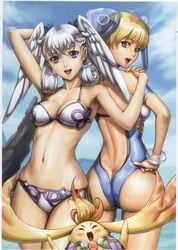 ass blonde_hair blue_eyes breasts eiwa female fiora_(xenoblade) fully_clothed green_eyes grey_hair head_wings melia_antiqua navel revealing_clothes riki_(xenoblade) short_hair skimpy_clothes stomach swimsuit xenoblade_(series) xenoblade_chronicles