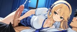 ai_generated artist_request big_breasts blonde_hair crossover female handjob katsuragi_(senran_kagura) large_penis male monkey_d_luffy one_piece senran_kagura